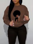 Women's Fashion Printed Crew Neck Fleece Lined Sweatshirt Casual Sports Pullover For Fall & Winter