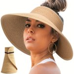 Ponytail Wide Brim Sun Hat Classic Uv Protection Straw Summer Beach Hat Foldable Packable Sun Visor Hat For Women