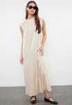 Ribbed Detailed Woven Lined Dress - Beige