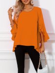 Solid Color Crew Neck Blouse Elegant Ruffle Sleeve Blouse For Spring & Summer Women's Clothing
