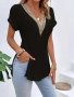 Guipure Lace V-neck Split T-Shirt Vintage Short Sleeve T-Shirt For Spring & Summer Women's Clothing
