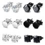 6 Pairs Simple Stainless Steel Zircon Round Square Stud Earrings For Men Daily Ear Jewelry