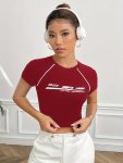 Letter Print Crew Neck T-Shirt Y2K Short Sleeve Crop T-Shirt For Spring & Summer Women's Clothing