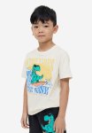 Cotton T-Shirt - Natural White Surfing Dino