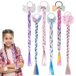 6 Pcs Rainbow Color Braids Hair Extensions - Ponytails & Bows With Rubber Bands - Glitter Braided Wig - Cosplay Hair Accessories