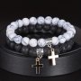 2pcs Men's Sleek Black Volcanic Stone Beaded Cross Bracelets - Fashionable Accessory