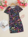 Colorful Cartoon Rainbow And Unicorns Graphic Print Girls' Crew Neck Dress For Summer Casual Short-sleeved Clothing For Girls As