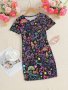 Colorful Cartoon Rainbow And Unicorns Graphic Print Girls' Crew Neck Dress For Summer Casual Short-sleeved Clothing For Girls As Gifts