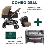 Emerald Baby Sarah Co Sleeper Camp Cot + Belecoo 3 In 1 Stroller Set Khaaki