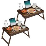 2 Pack Bamboo Breakfast Tray With Telescopic Legs Tray With Foldable Legs And Removable Stand Ergonomic Handle Portable Bed Tray