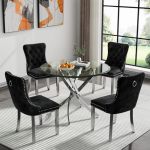 Round Glass Dining Table Set 36" Glass Kitchen Dining Table Set For 2 4 5-PIECE Glass Dinner Table Set With Golden Metal Legs A