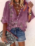 Floral Print Button Front Blouse Boho 3 4 Lantern Sleeve Blouse For Spring & Fall Women's Clothing