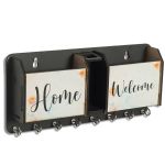 Home Welcome 2 Pocket Mobile And Pen Holder 8 Hooks Wood Key Holder