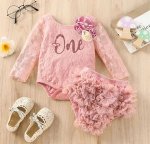 Mink Floral Lace First Birthday Romper With Ruffle Bloomer