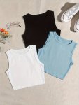 Solid Crew Neck Tank Top 3 Pack Casual Sleeveless Versatile Tank Top Women's Clothing