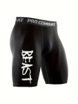 1PC Men's Fashion Letter Beast Graphic Long Boxer Briefs Fitness Running Shorts With Pocket Breathable Comfy Quick Drying Stretc