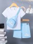 2PCS Boys Casual Solid Short Sleeve T-Shirt & King Letter Print Shorts & Bag Set Comfy Summer Kids Clothes