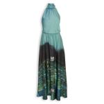 Blue Print Highneck Satin Maxi Dress