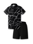 2PCS Boys Casual Crackle Graphic Print Short Sleeve T-Shirt & Solid Color Shorts Set Comfy Summer Boys Clothes