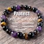 Bohemian Natural Stone Bracelet - 1 Piece Elastic Beaded Protection Bracelet Amethyst Citrine Black Tourmaline Rainbow Obsidian