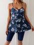 Floral Print Skirted Tankini Sets Round Neck Tummy Control Tank Top & High Waist Boxer Shorts Bottom Two Pieces Swimsuit Women's Swimwear & Clothing