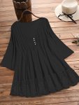 Plus Size Hollow Out Button Decor V Neck 3 4 Sleeve Blouse Women's Plus Ruffle Hem Casual Blouse