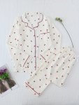 Cherry Print Pajama Set Long Sleeve Buttons Top & Elastic Waistband Pants Women's Sleepwear & Loungewear