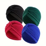 4PCS SET Assorted Colors Women's Turban Caps - Elastic Pleated Chemo Hats Casual Forehead Crisscross Head Wraps For Hair Loss