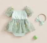 Mint Romper With Embroidered Tulle Tutu Puff Shoulders And Headband