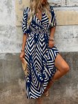 Herringbone Print Surplice Neck Dress Vacation Short Sleeve Cinch Waist A-line Ankle Length Dress For Spring & Summer Women's Cl