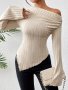 Hanky Hem One-shoulder Ribbed Top Elegant Long Sleeve Slim Top For Spring & Fall Women's Clothing