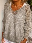 Hollow Out V-neck Knitted Sweater Casual Long Sleeve Hooded Coverup Sweater Women's Clothing