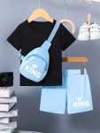 2PCS Boys Casual Solid Color Comfortable Versatile Short Sleeve T-Shirt & King Letter Print Shorts & Crossbody Bag Set Cool Ligh
