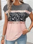 Leopard Print Color Block T-Shirt Casual Crew Neck Short Sleeve T-Shirt For Spring & Summer Women's Clothing