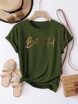 Heart & Letter Print Casual T-Shirt Crew Neck Short Sleeves Comfy Tops Women's Activewear