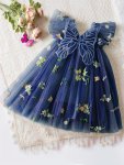 Baby's Butterfly Flower Embroidered Elegant Cap Sleeve Mesh Dress Infant & Toddler Girl's Clothing For Summer Birthday Party As