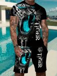 2-PIECE Men's Novelty 3D Tiger Pattern Print Summer Outfit Set Men's Short Sleeve Crew Neck T-Shirt & Elastic Waist Shorts With
