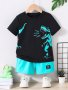 2PCS Boy's Cool Dinosaur Print Short Sleeve Outfit Crew Neck T-Shirt & Comfy Shorts Set Kids Summer Clothing