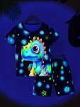 2PCS Boys Summer Underwear Set Luminous Cartoon Dinosaur Print Short Sleeve Crew Neck Tops & Short Comfy Set Kids' Cozy Clothing
