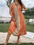 Plus Size Colorblock Print Cami Dress Vacation Sleeveless Dress For Spring & Summer Women's Plus Size Clothing