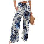 Women's Summer Palazzo Pants Casual Flowy Baggy Boho Pants With Pockets High Waisted Wide Leg Floral Beach Travel Trousers Women