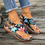 Women's Floral Print Thong Sandals Fashion Clip Toe Buckle Strap Shoes Casual Summer Outdoor Beach Sandals