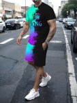 Men's Outfit Gradient Color King Graphic Print Casual Crew Neck Short Sleeve T-Shirt & Shorts 2-PIECE Set For Summer Outdoor Act