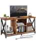 Rustic Brown Wood Tv Stand With Charging Station And Storage Shelves