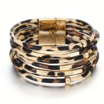 1PC Bohemian Leopard Print Pu Leather Wrap Bracelet Golden Metal Tube Bracelet With Magnetic Buckle Stackable Wristband Jewelry