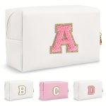 Small Personalized Initial Letter Makeup Bag Cute Waterproof Pu Leather Chenille Letter Cosmetic Bag Travel Makeup Bag Preppy Ma