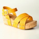 Ladies Cork Wedge Strips Sandal - Yellow - 8