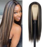 Fabunity 28 Inch Straight Synthetic Wig Long Blonde Brown With Highlights Middle Part Glueless Lace Front Wigs For Women Natural