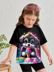 Knit Cartoon Dog And Ice Cream Graphic Short Sleeve Crew Neck T-Shirt For Girls Casual And Comfy Summer Tee Top Cute Gift