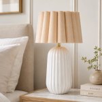 Pepino Ceramic Lamp - Natural Scallop Linen Shade - White Drum Linen